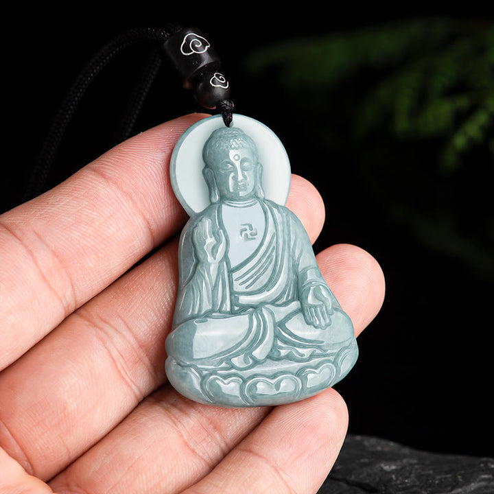 Buddha Stones Amitabha Buddha Natural Jade Lotus Amulet Compassion String Necklace Pendant - image 2