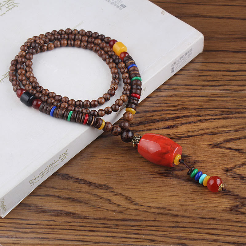 Buddha Stones Tibetan Wenge Wood Bodhi Seed Agate Balance Peace Necklace Pendant - Wenge Wood&Red Resin Cylinder - image 12