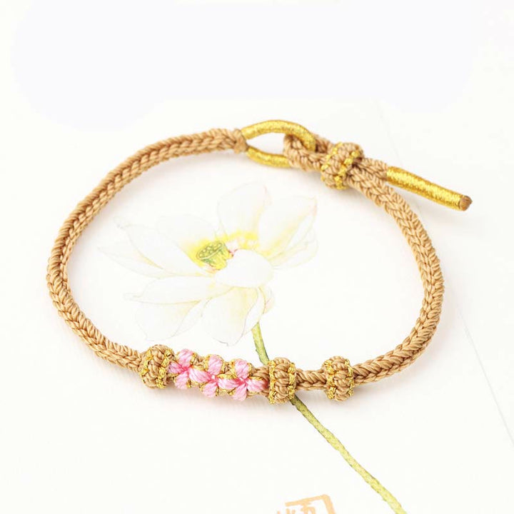 Buddha Stones Handmade Three Peach Blossoms Luck Eight Strands Braided String Bracelet - Khaki(Wrist Circumference 14-19cm) - image 9