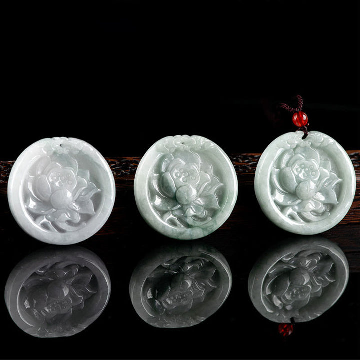 Buddha Stones Natural Jade Lotus Flower Carved Prosperity Necklace Pendant - image 5
