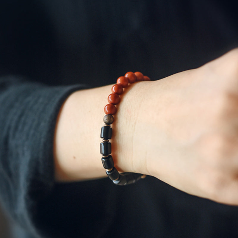 Buddha Stones Ebony Wood Red Jasper Moss Agate Crystal Copper Peace Couple Bracelet - image 3