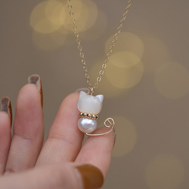Buddha Stones 14K Gold Plated Pearl Hetian Jade Shell Luck Cat Kitten Necklace Pendant - image 2