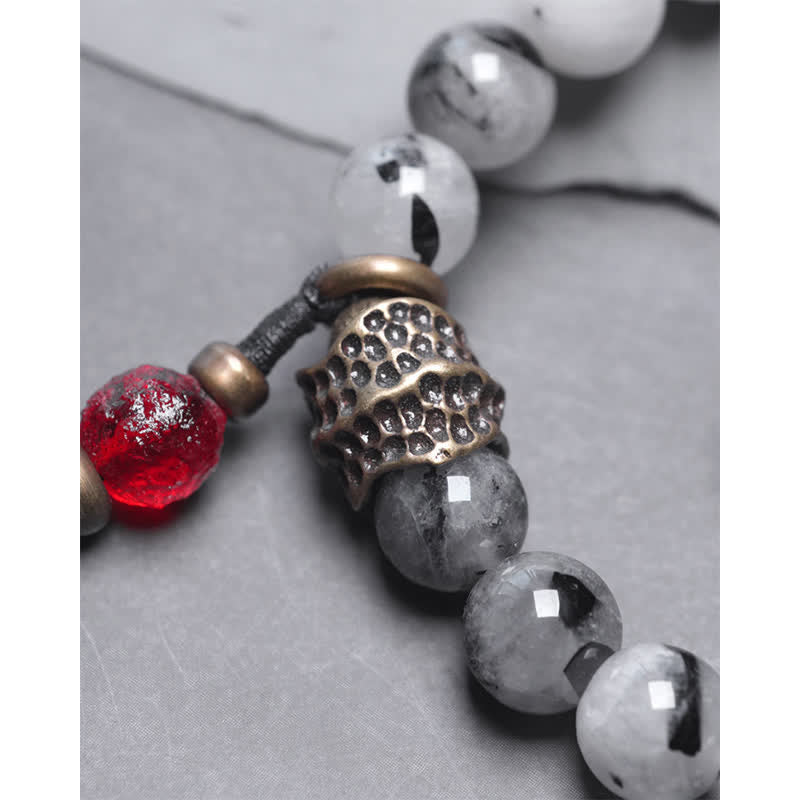 Buddha Stones Black Rutilated Quartz Ebony Wood White Crystal Success Couple Bracelet - image 13