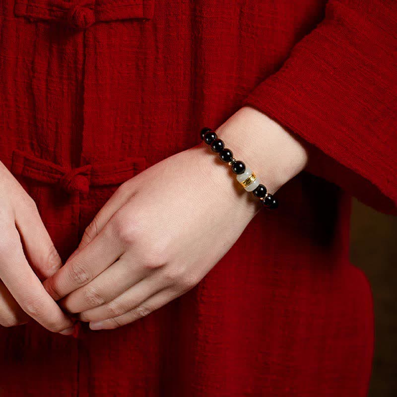 Buddha Stones Black Obsidian Jade Om Mani Padme Hum Strength Couple Magnetic Bracelet - image 6