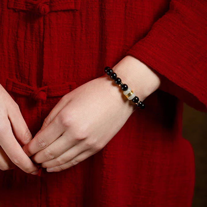 Buddha Stones Black Obsidian Jade Om Mani Padme Hum Strength Couple Magnetic Bracelet - image 6