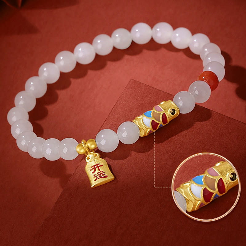 Buddha Stones 925 Sterling Silver Hetian White Jade Red Agate Koi Fish Luck Happiness Bracelet - image 4