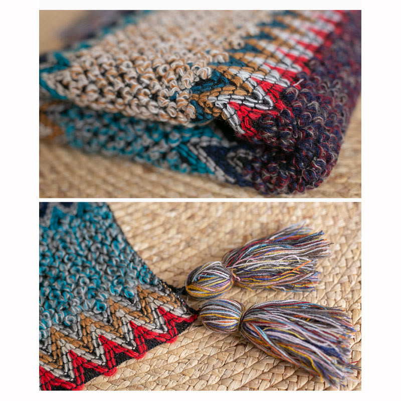 Buddha Stones Tibetan Shawl Blue Beige Red Wavy Pattern Winter Warm Tassel Scarf - image 13