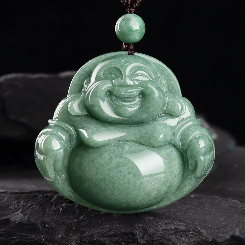 Buddha Stones Laughing Buddha Cyan Jade Harmony Necklace String Bead Pendant - Cyan Jade - image 0