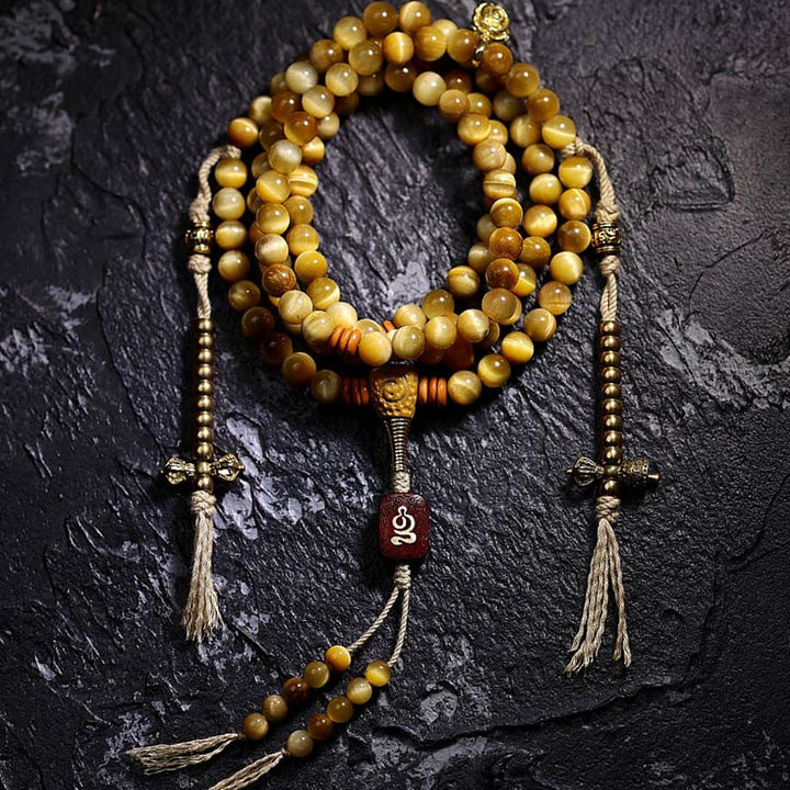 Buddha Stones 108 Mala Beads Natural Tiger Eye Copper Dorje Protection Tassel Bracelet - 8mm - Tiger Eye - Copper Dorje - image 19