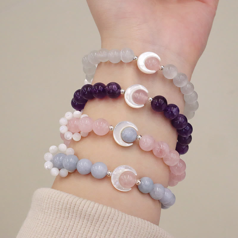 Buddha Stones 925 Sterling Silver Natural Amethyst Aquamarine Pink Crystal Cat's Eye Healing Crescent Moon Bracelet - image 0