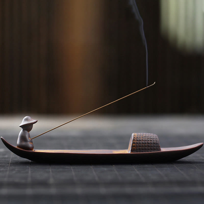 Buddha Stones A Lonely Fisherman Afloat Ceramic Healing Incense Burner - Lonely Fisherman Afloat Incense Burner - image 0