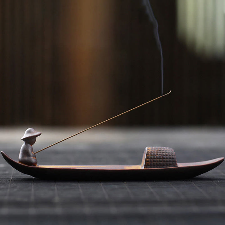 Buddha Stones A Lonely Fisherman Afloat Ceramic Healing Incense Burner - Lonely Fisherman Afloat Incense Burner - image 0