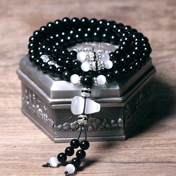Buddha Stones Black Onyx White Crystal Bead Meditation Bracelet - Black Onyx - image 0