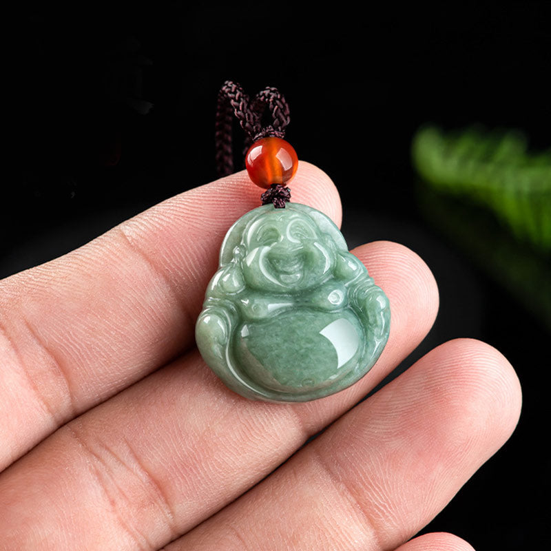 Buddha Stones Laughing Buddha Cyan Jade Success Necklace String Pendant - image 3