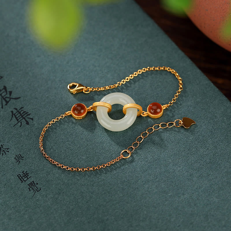 Buddha Stones 925 Sterling Silver Plated Gold Natural Hetian Jade Peace Buckle Red Agate Luck Bracelet - image 2