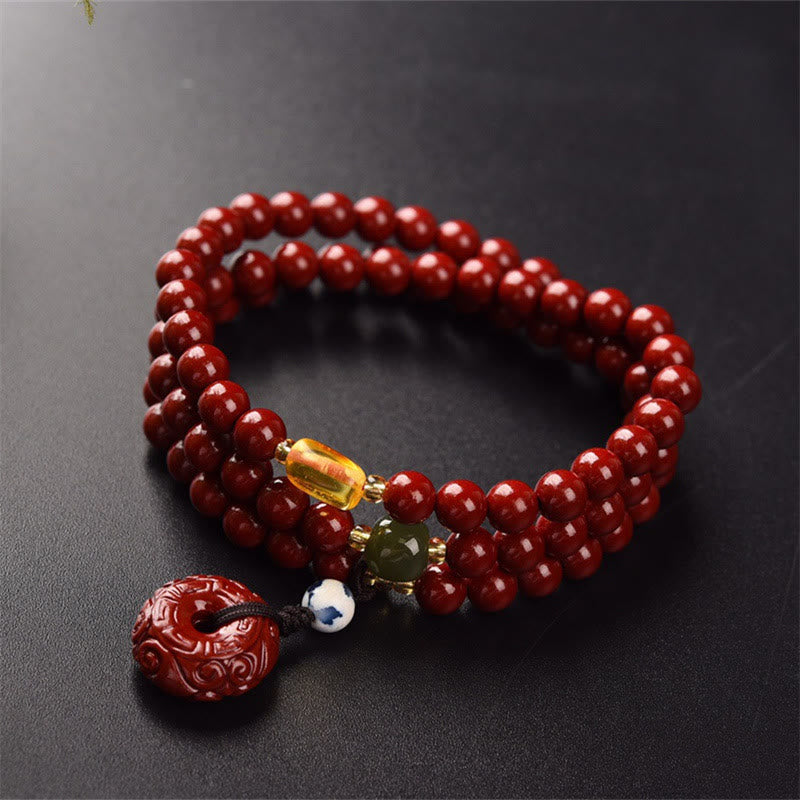 Buddha Stones Tibetan Cinnabar Peace Buckle Triple Wrap Blessing Bracelet Mala - image 5