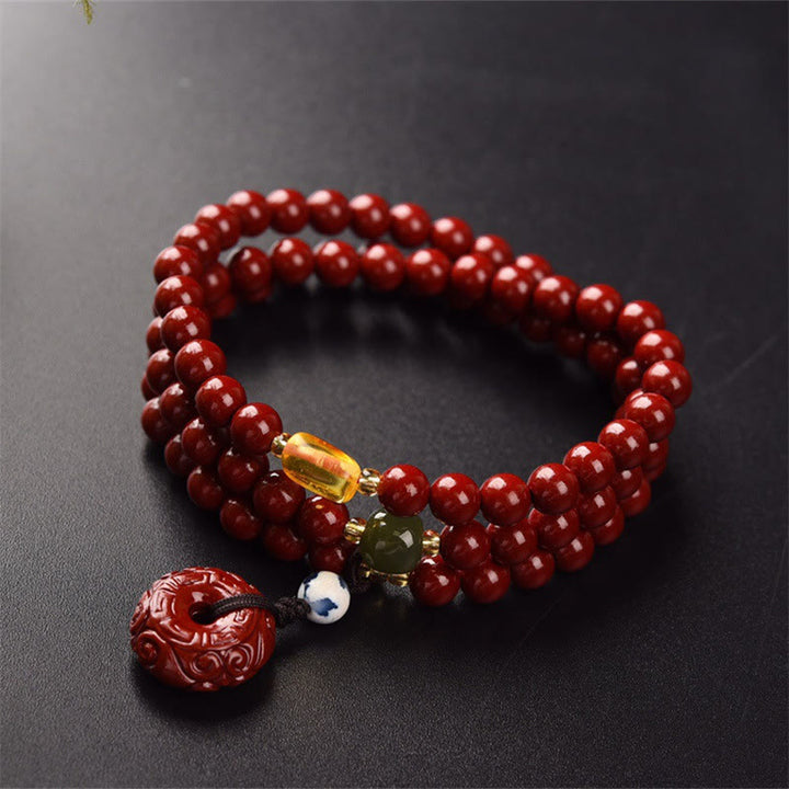 Buddha Stones Tibetan Cinnabar Peace Buckle Triple Wrap Blessing Bracelet Mala - image 5