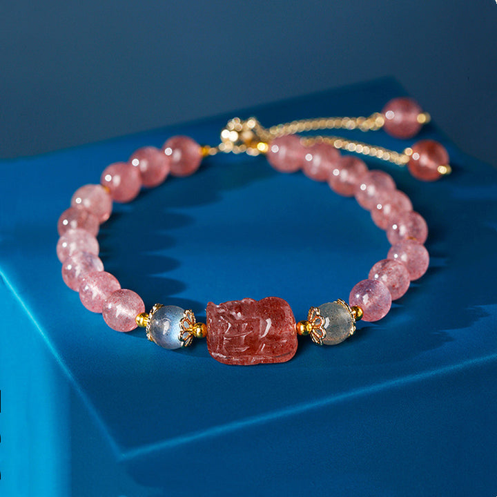 Buddha Stones Aquamarine Strawberry Quartz Amethyst Moonstone PiXiu Healing Bracelet - Strawberry Quartz (Love ♥ Healing) - image 3