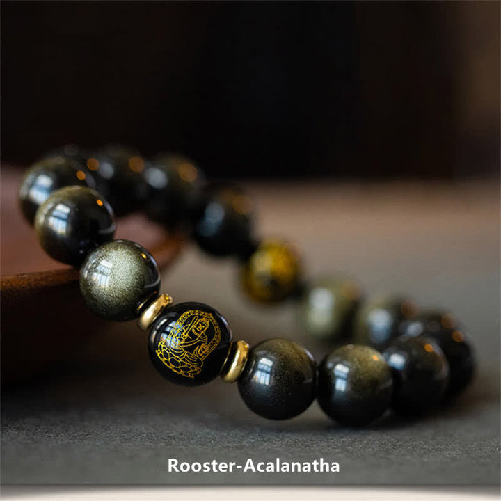 Buddha Stones Chinese Zodiac Natal Buddha Gold Sheen Obsidian Wealth Protection Bracelet - Rooster-Acalanatha - image 17