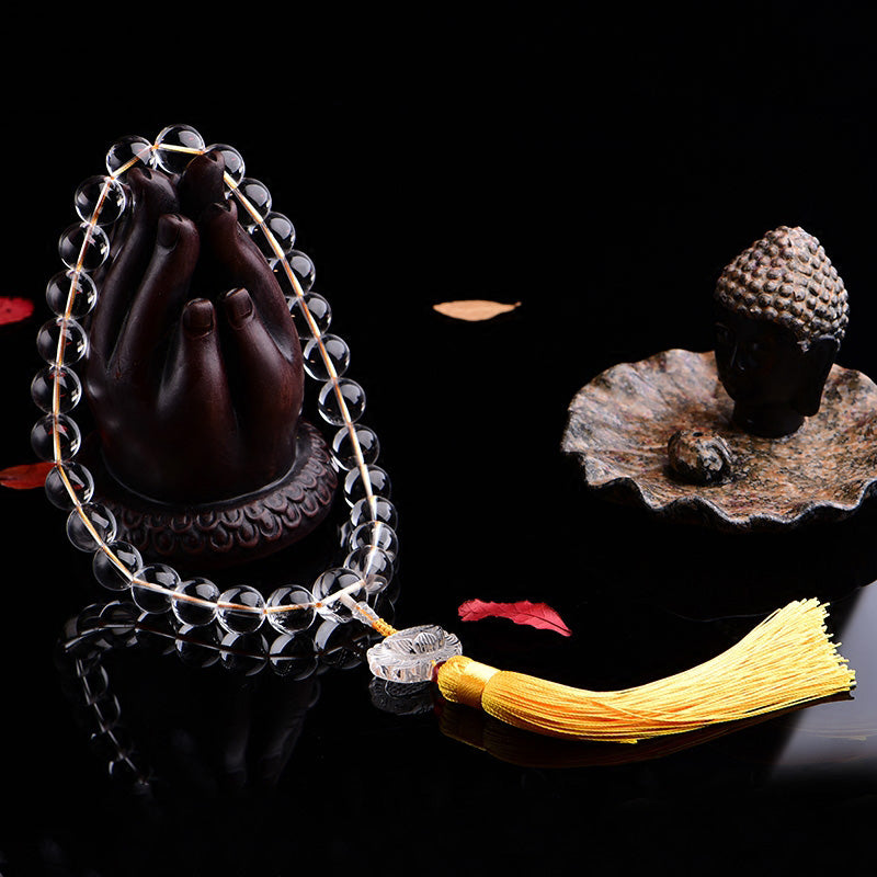 Buddha Stones Natural White Crystal Lotus Wrist Mala Meditation Tassels Pocket Mala Car Decoration - image 1