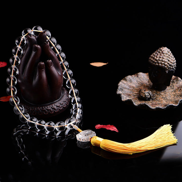 Buddha Stones Natural White Crystal Lotus Wrist Mala Meditation Tassels Pocket Mala Car Decoration - image 1