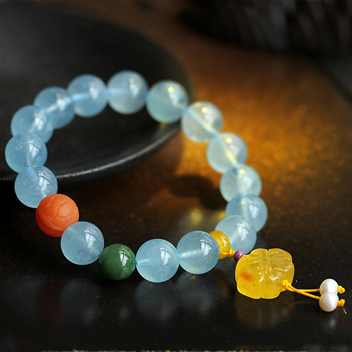 Buddha Stones Natural Aquamarine Amber Chinese Knotting Charm Peace Bracelet - image 1