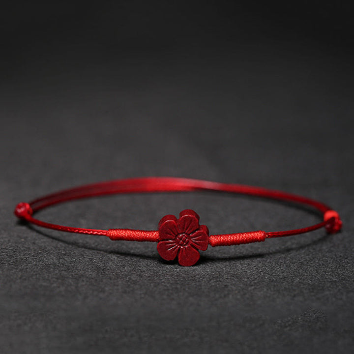Buddha Stones Handmade Plum Blossom Four Leaf Clover PiXiu Lotus Koi Fish Cinnabar Blessing Braid Bracelet - Red(Wrist Circumference 14-19cm) - Plum Blossoms - image 0