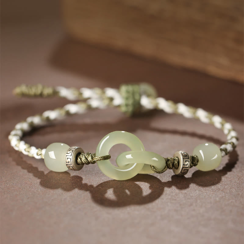Buddha Stones Natural Hetian Jade Peace Buckle Luck Braided Bracelet - image 1