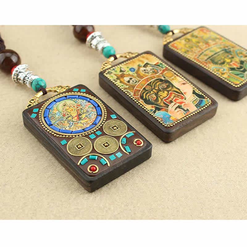 Buddha Stones Tibet God of Wealth Thangka Ebony Peace Necklace Pendant - image 16