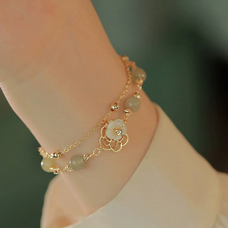 Buddha Stones 14K Gold Plated Jade Butterfly Tridacna Stone Flower Double Layer Luck Bracelet - image 13