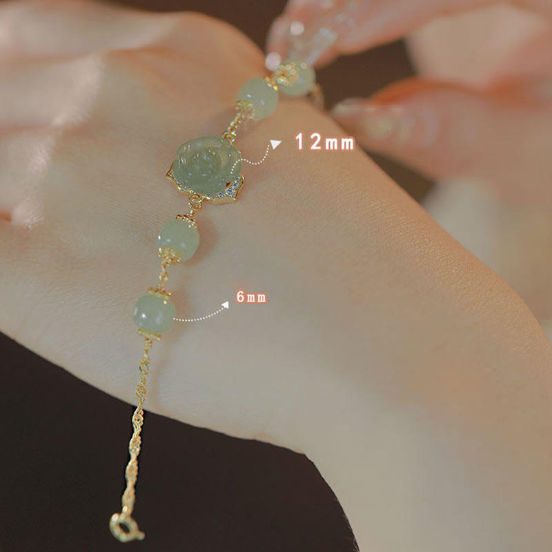 Buddha Stones 14K Gold Plated Hetian Jade Rose Flower Luck Chain Bracelet - image 7