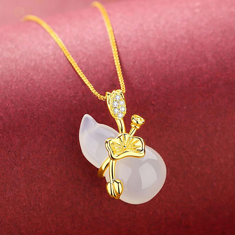 Buddha Stones Cyan Jade Gourd Lotus Leaf Abundance Pendant Necklace - image 6