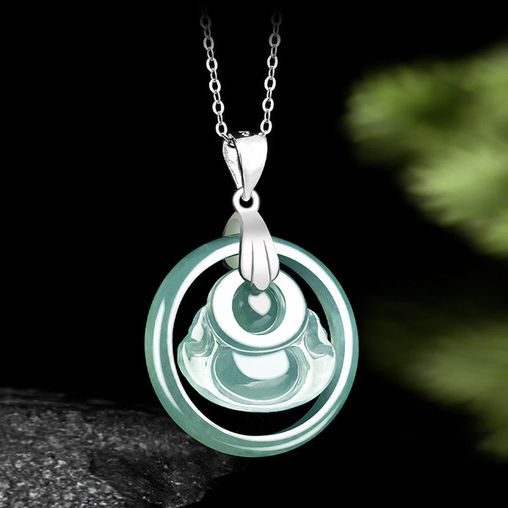 Buddha Stones Natural Jade Round Laughing Buddha Abundance Titanium Steel Chain Necklace Pendant - image 4