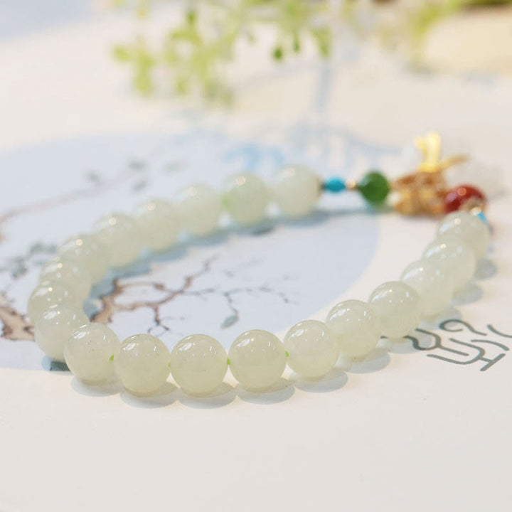 Buddha Stones Natural Hetian White Jade 14K Gold Plated Money Bag Blessing Bracelet - image 2