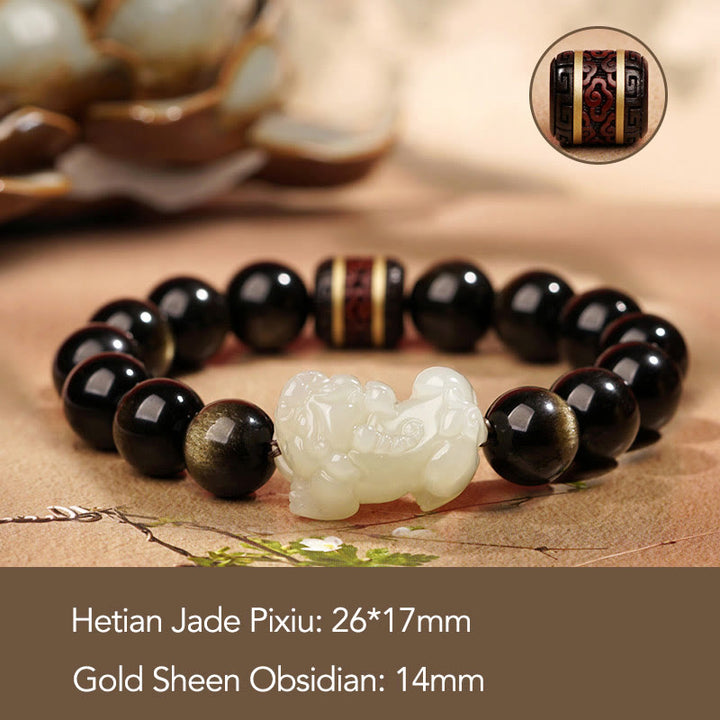 Buddha Stones Natural Gold Sheen Obsidian Hetian Cyan Jade White Jade PiXiu Wealth Bracelet - Gold Sheen Obsidian White Jade Pixiu 14mm(Men) - image 8