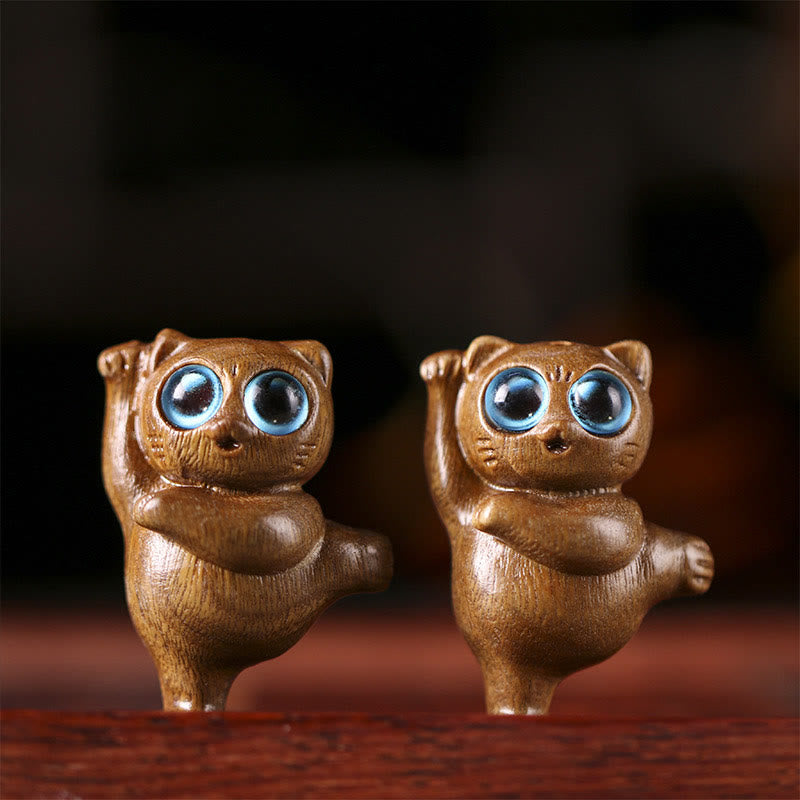 Buddha Stones Mini Green Sandalwood Dancing Cat Engraved Positive Desk Decorations - image 2