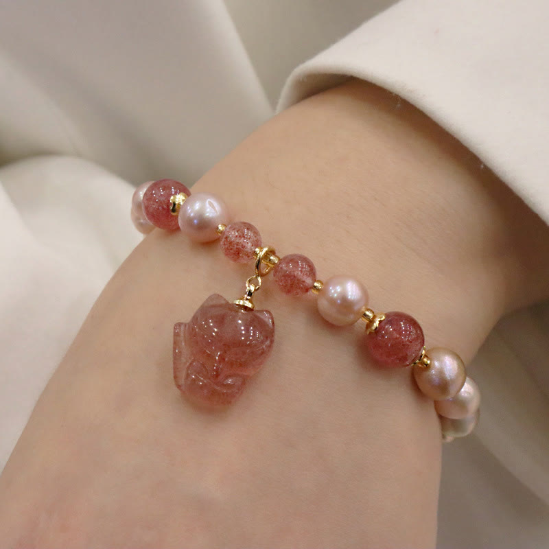 Buddha Stones Natural Pearl Strawberry Quartz Cute Fox Love Healing Charm Bracelet - image 9