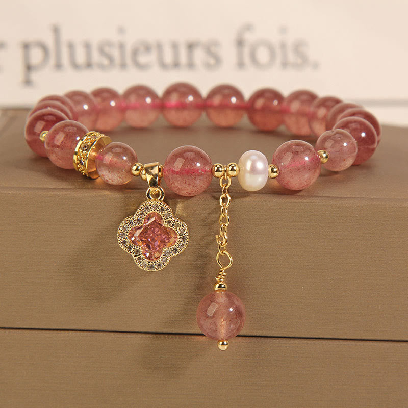 Buddha Stones Strawberry Quartz Pearl Four Leaf Clover Charm Healing Bracelet - image 1