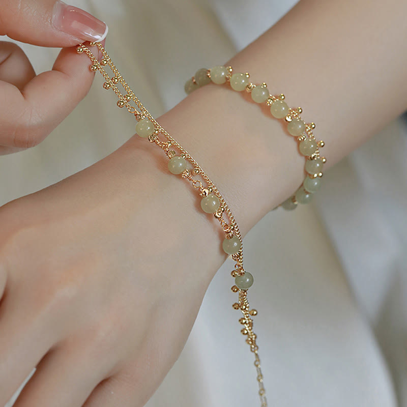 Buddha Stones 14K Gold Plated 2 Layers Hetian Jade Bead Luck Prosperity Bracelet - image 7