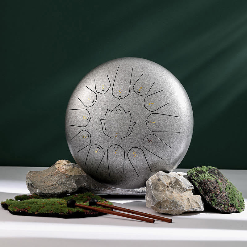 Buddha Stones Steel Tongue Drum Sound Healing Mindfulness Lotus Pattern Yoga Drum Kit 13 Note 12 Inch Percussion Instrument - Silver - image 3