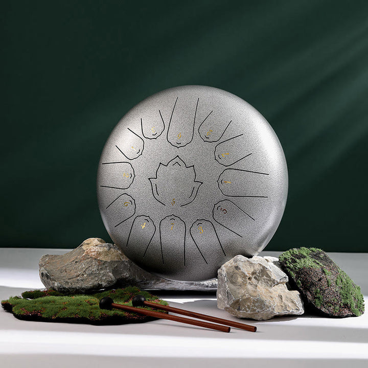Buddha Stones Steel Tongue Drum Sound Healing Mindfulness Lotus Pattern Yoga Drum Kit 13 Note 12 Inch Percussion Instrument - Silver - image 3