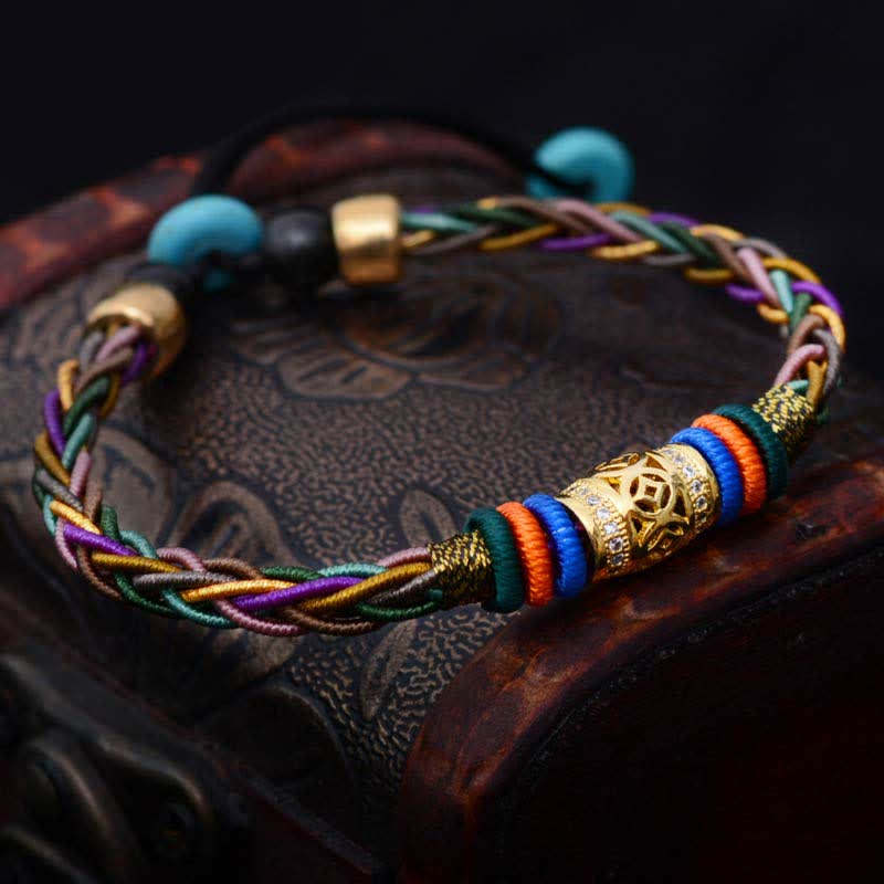 Buddha Stones Tibetan Handmade Eight Thread Knot Copper Coin Luck Weave String Bracelet - image 1