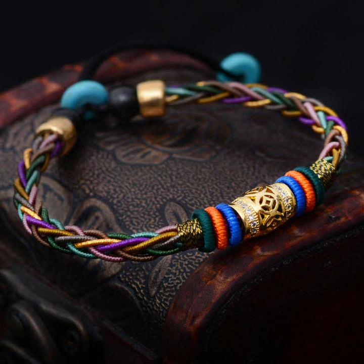 Buddha Stones Tibetan Handmade Eight Thread Knot Copper Coin Luck Weave String Bracelet - image 1