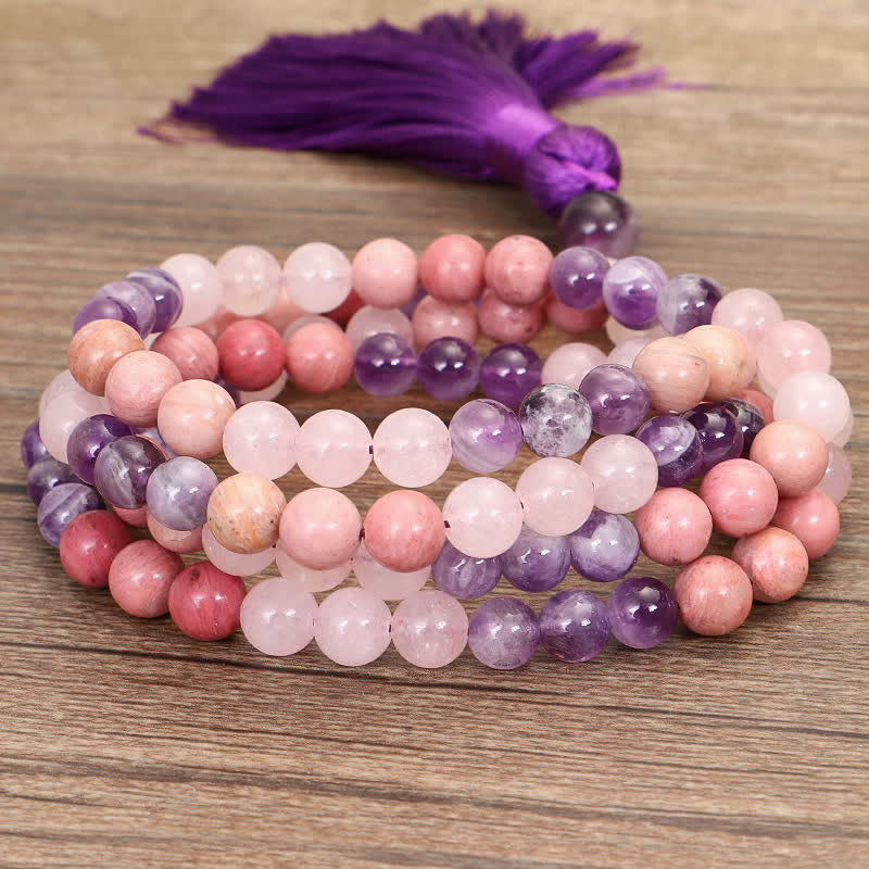 Buddha Stones 108 Mala Beads Amethyst Rose Quartz Spiritual Healing Tassel Bracelet - image 9
