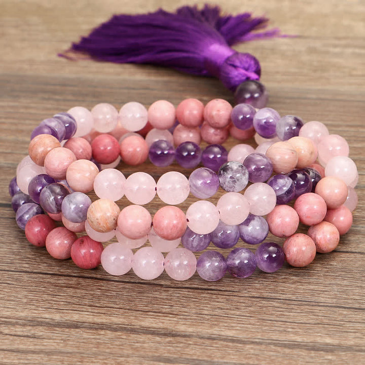 Buddha Stones 108 Mala Beads Amethyst Rose Quartz Spiritual Healing Tassel Bracelet - image 9