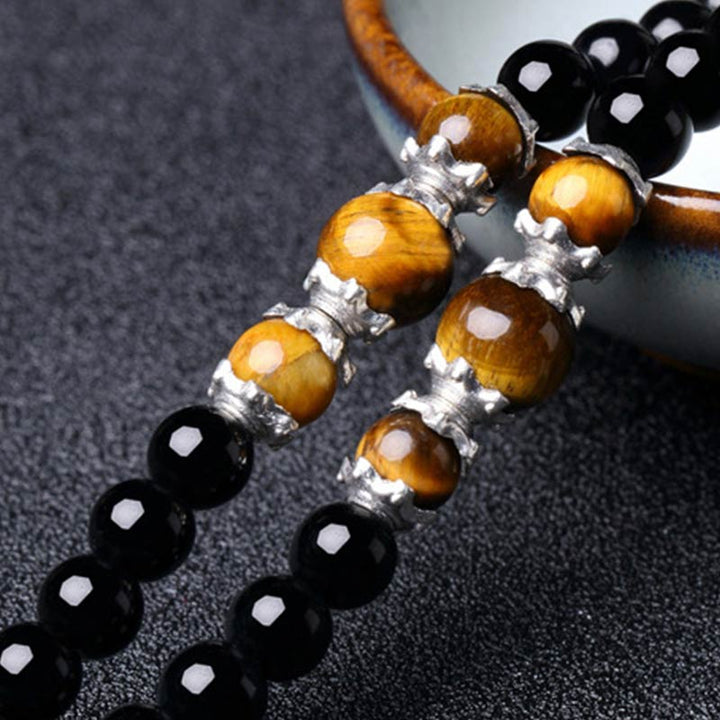 Buddha Stones 108 Beads Natural Black Obsidian Tiger Eye Mala Bracelet - image 9