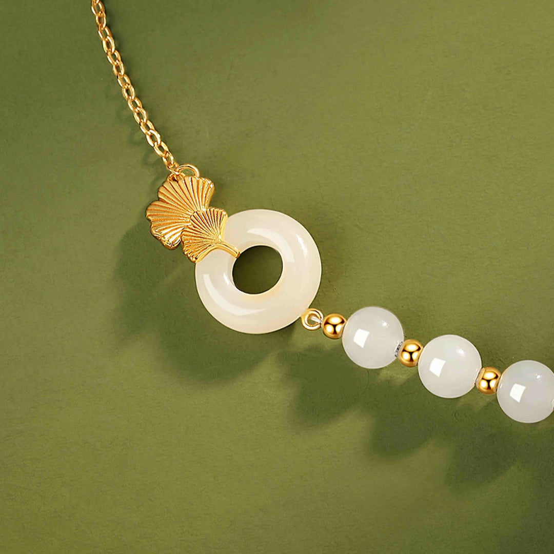 Buddha Stones 925 Sterling Silver Hetian White Jade Peace Buckle Ginkgo Leaf Luck Bracelet - image 4