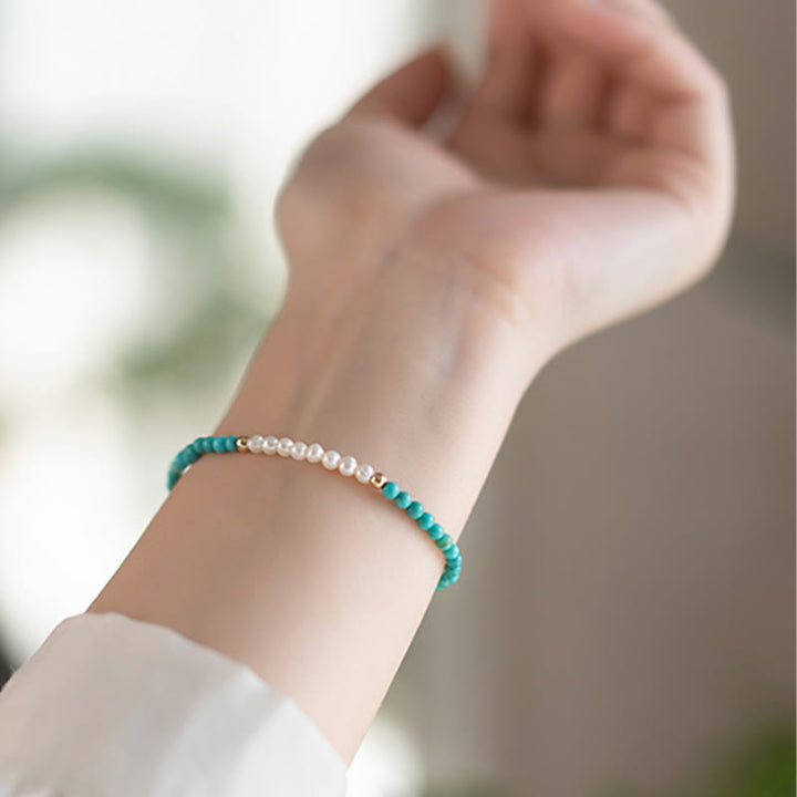 Buddha Stones 925 Sterling Silver Natural Turquoise Pearl Beaded Bracelet - image 3
