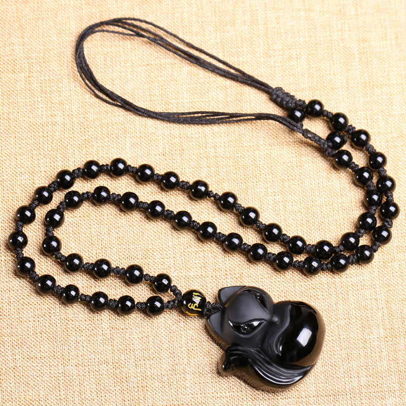 Buddha Stones Natural Black Obsidian Tiger Eye Ice Obsidian Fox Pendant Amulet Necklace - image 2
