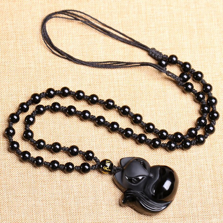 Buddha Stones Natural Black Obsidian Tiger Eye Ice Obsidian Fox Pendant Amulet Necklace - image 2